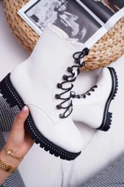 Botki Damskie Płaski Obcas Wysokie Glany Białe Buena