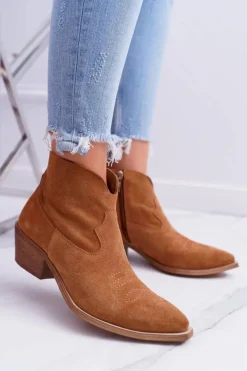 Botki Damskie Płaski Obcas Wiosenne Skórzane Kowbojki Camel Batty