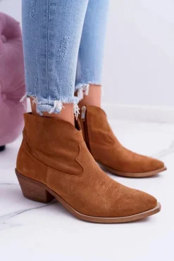 Botki Damskie Płaski Obcas Wiosenne Skórzane Kowbojki Camel Batty