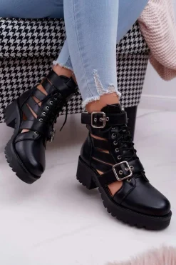 Botki Damskie Płaski Obcas Wiosenne Czarne Single