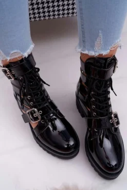 Botki Damskie Płaski Obcas Wiosenne Lakierowane Czarne Single