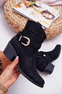 Botki Damskie Płaski Obcas Czarne Arraso