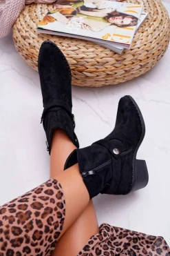 Botki Damskie Płaski Obcas Czarne Arraso