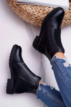 Botki Damskie Płaski Obcas Nity Czarne Sergio Leone BT519