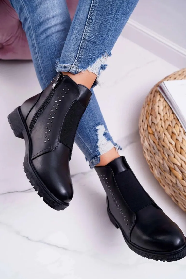 Botki Damskie Płaski Obcas Nity Czarne Sergio Leone BT519