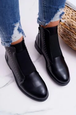 Botki Damskie Płaski Obcas Nity Czarne Sergio Leone BT519