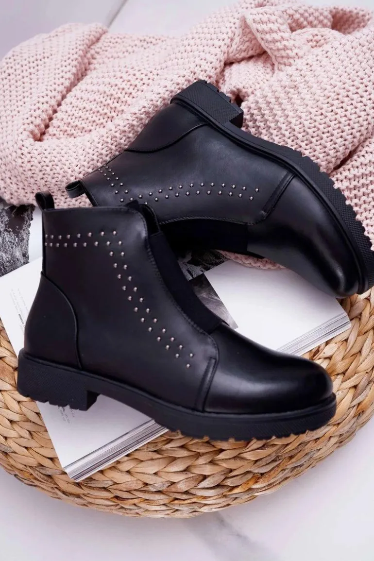 Botki Damskie Płaski Obcas Nity Czarne Sergio Leone BT519