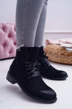 Botki Damskie Płaski Obcas Workery Czarne Teref