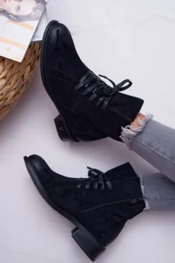 Botki Damskie Płaski Obcas Workery Czarne Teref