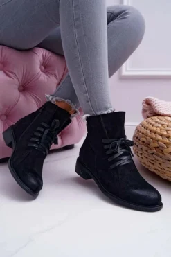 Botki Damskie Płaski Obcas Workery Czarne Teref