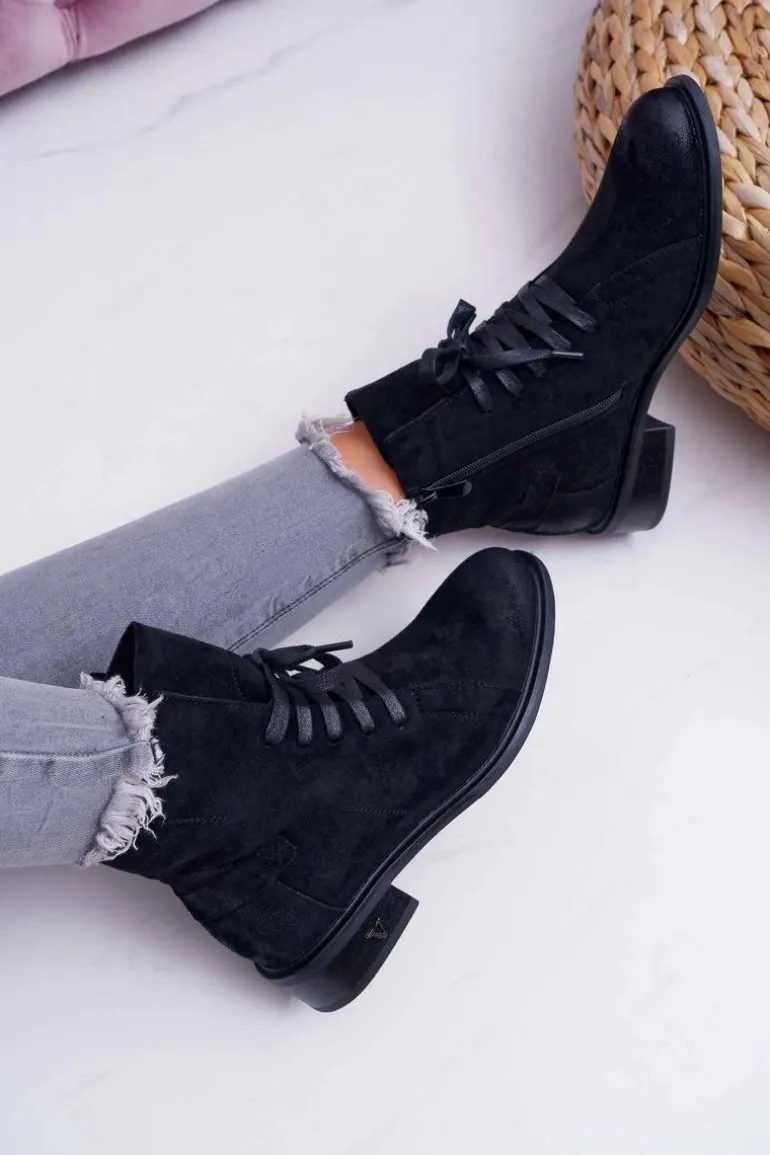 Botki Damskie Płaski Obcas Workery Czarne Teref