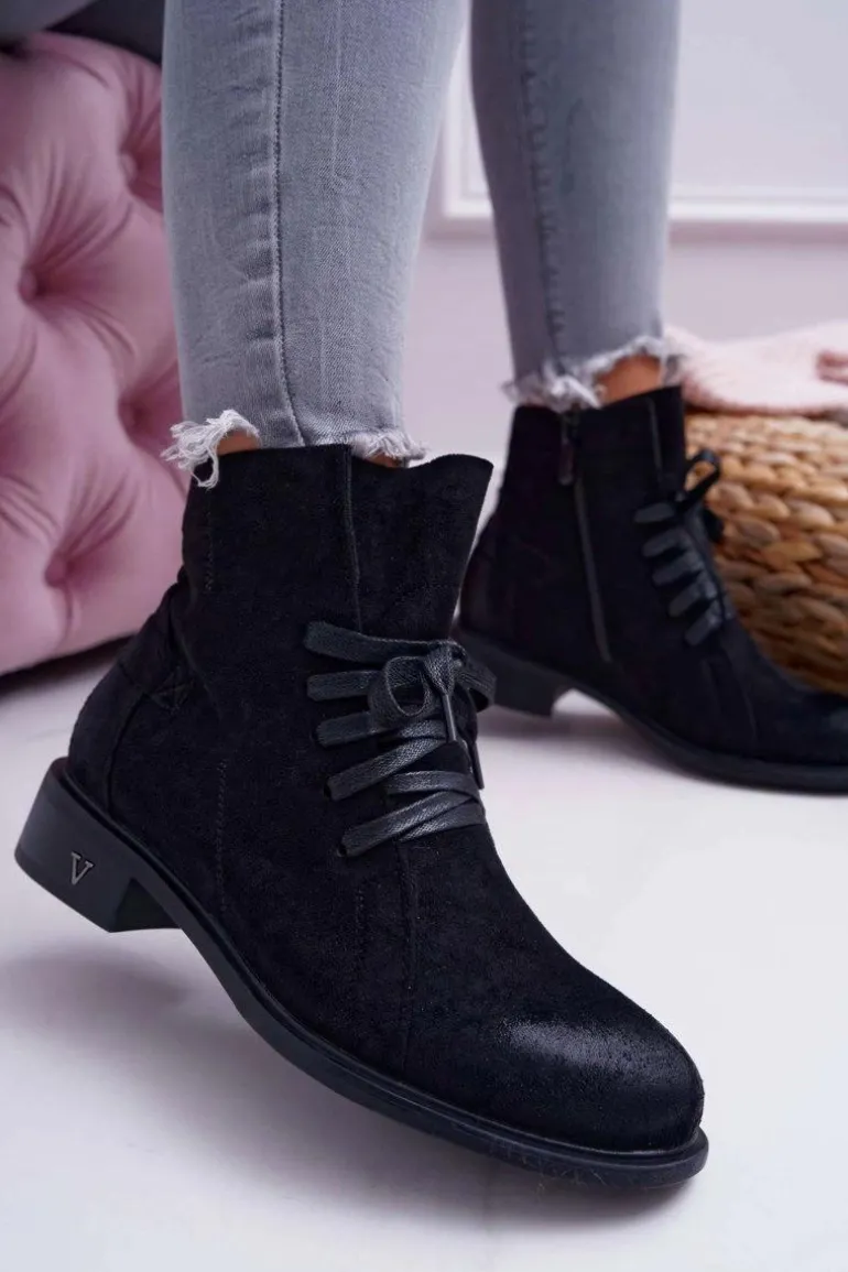 Botki Damskie Płaski Obcas Workery Czarne Teref