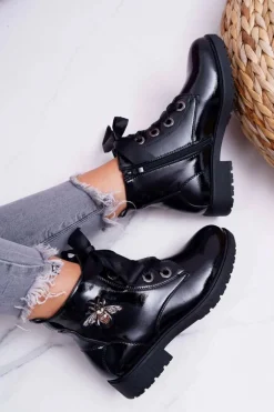 Botki Damskie Płaski Obcas Glany Lakierowane Czarne Sergio Leone BT530