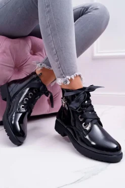 Botki Damskie Płaski Obcas Glany Lakierowane Czarne Sergio Leone BT530