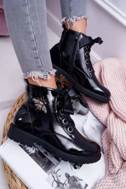 Botki Damskie Płaski Obcas Glany Lakierowane Czarne Sergio Leone BT530