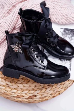 Botki Damskie Płaski Obcas Glany Lakierowane Czarne Sergio Leone BT530