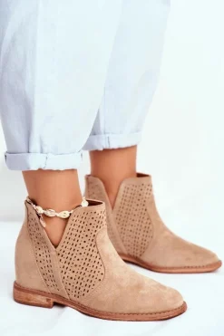 Botki Damskie Płaski Obcas Zamszowe Ażurowe Beżowe Shades