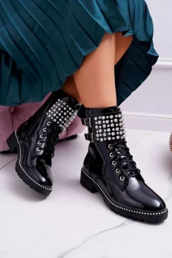 Botki Damskie Płaski Obcas Militarne Lakierowane Czarne Bemmer