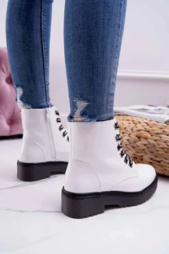 Botki Damskie Płaski Obcas Glany Lakierowane Białe Sergio Leone TR726