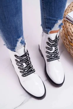 Botki Damskie Płaski Obcas Glany Lakierowane Białe Sergio Leone TR726