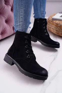 Botki Damskie Płaski Obcas Nubuk Czarne Sergio Leone TR718