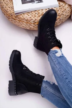 Botki Damskie Płaski Obcas Nubuk Czarne Sergio Leone TR718