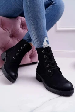 Botki Damskie Płaski Obcas Nubuk Czarne Sergio Leone TR718