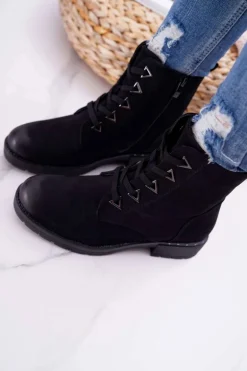 Botki Damskie Płaski Obcas Nubuk Czarne Sergio Leone TR718