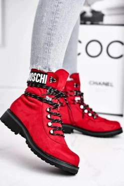 Botki Damskie Płaski Obcas Na Suwak Czerwone Popsi