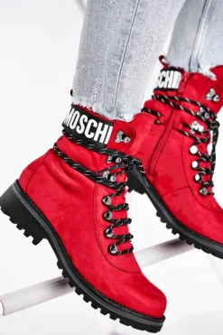 Botki Damskie Płaski Obcas Na Suwak Czerwone Popsi