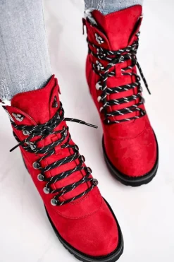 Botki Damskie Płaski Obcas Na Suwak Czerwone Popsi