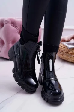 Botki Damskie Płaski Obcas Czarne Emelia