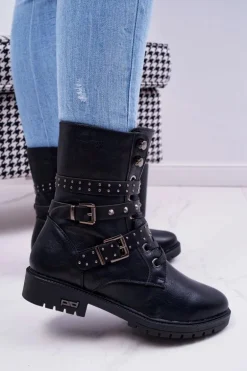 Botki Damskie Płaski Obcas Wysokie Czarne Emenbar