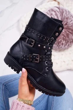 Botki Damskie Płaski Obcas Wysokie Czarne Emenbar