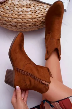 Botki Damskie Płaski Obcas Kowbojki Camel Telifa