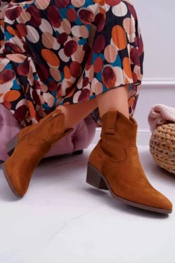 Botki Damskie Płaski Obcas Kowbojki Camel Telifa