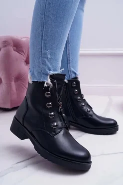 Botki Damskie Płaski Obcas Wysokie Czarne Yulio