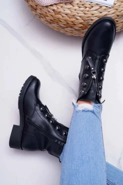 Botki Damskie Płaski Obcas Wysokie Czarne Yulio