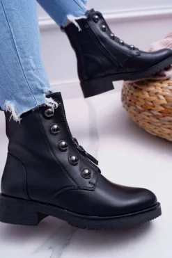 Botki Damskie Płaski Obcas Wysokie Czarne Yulio