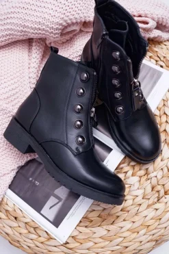 Botki Damskie Płaski Obcas Wysokie Czarne Yulio