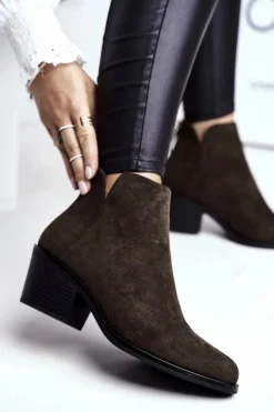 Botki Damskie Płaski Obcas Ocieplane Jesienne Khaki Milky