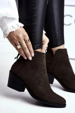 Botki Damskie Płaski Obcas Ocieplane Jesienne Khaki Milky