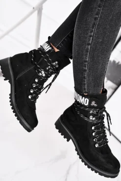 Botki Damskie Płaski Obcas Na Suwak Czarne Popsi