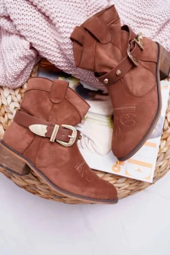 Botki Damskie Płaski Obcas Kowbojki z Klamrą Camel Ewella