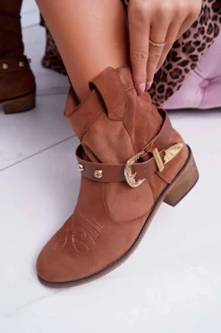 Botki Damskie Płaski Obcas Kowbojki z Klamrą Camel Ewella