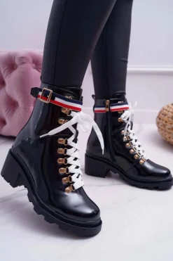 Botki Damskie Płaski Obcas Wysokie Glany Czarne Hippe