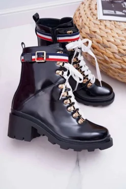 Botki Damskie Płaski Obcas Wysokie Glany Czarne Hippe