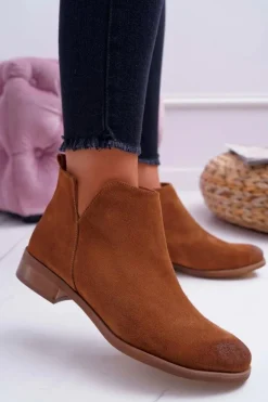 Botki Damskie Płaski Obcas Wiosenne Skórzane Brązowe Madness