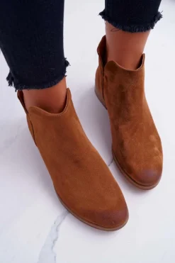 Botki Damskie Płaski Obcas Wiosenne Skórzane Brązowe Madness