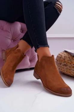 Botki Damskie Płaski Obcas Wiosenne Skórzane Brązowe Madness